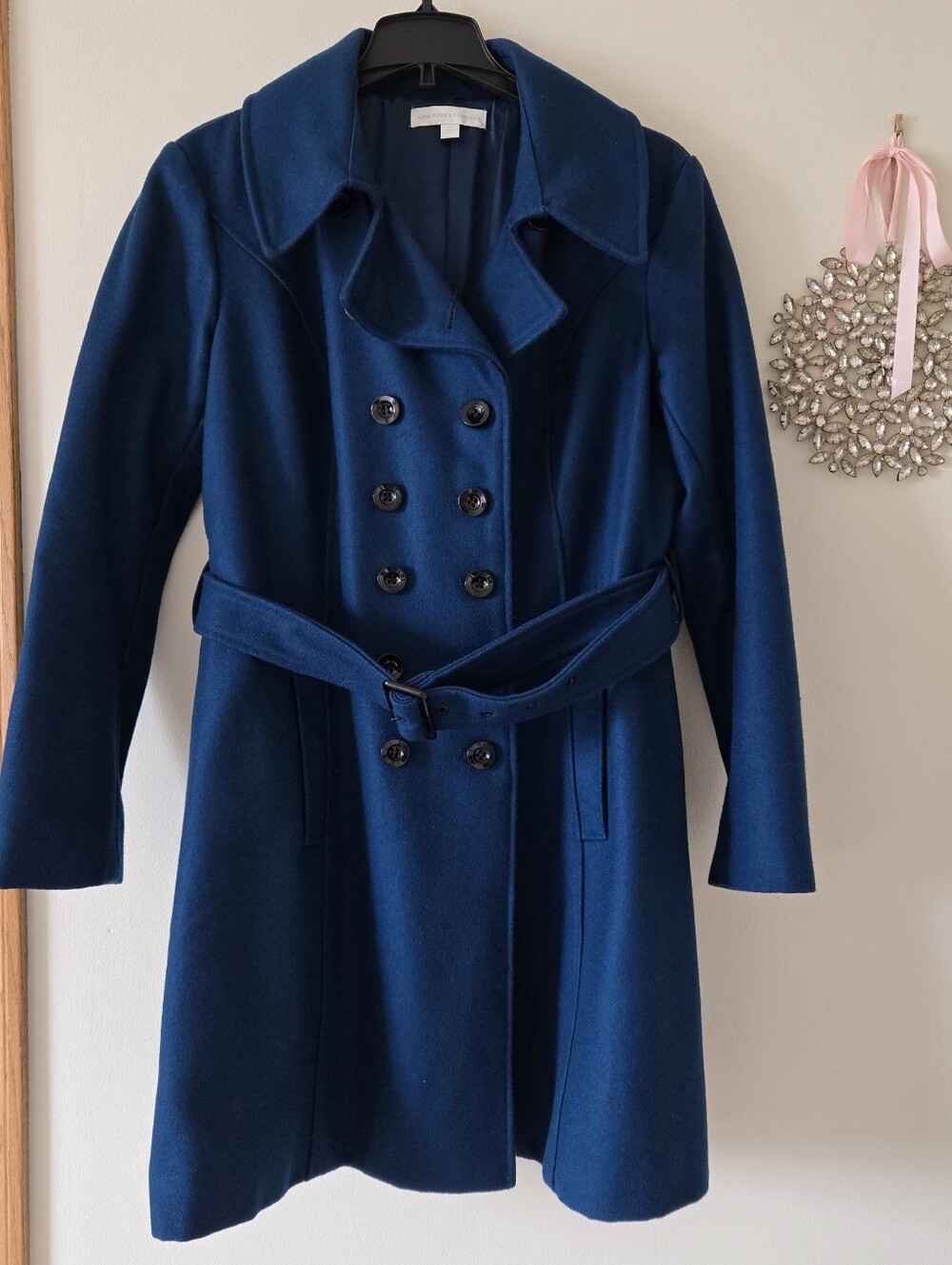 New York & Company Deep Teal Torquise Double-Breasted Long Pea Coat with Belt XL